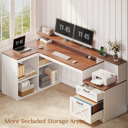 Furologee 59" Farmhouse L Shaped Desk with Printer Shelf, Storage Cabinet, Computer Desk with Power Outlets, Home Office Workstation with Wooden Drawers and Monitor Stand, Brown and White
