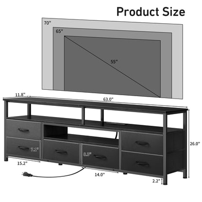 Furologee 63 Inch TV Stand with 6 Drawers, Entertainment Center with Power Outlets and LED Lights, for 65/70 inch TVs, Media Console Table with Open Storage Shelves, for Living Room, Bedroom, Black