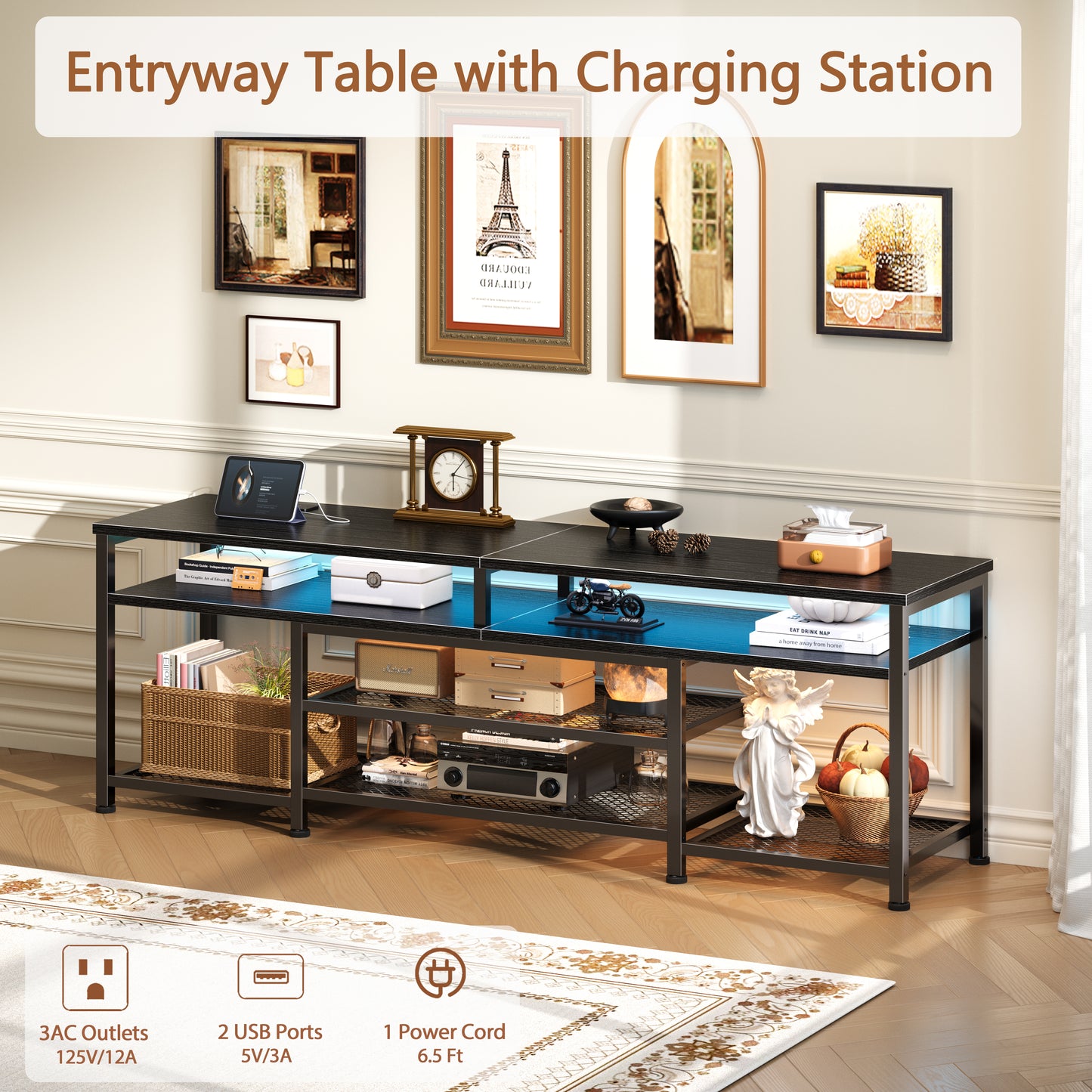 Furologee 63" Long Entryway Console Table with Power Outlets and LED Lights, Sofa Table with Open Shelves, for 60 65 70 Inch TVs, for Hallway, Entrance, Living Room, Black