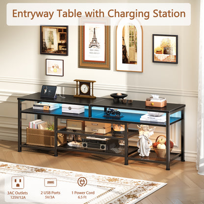 Furologee 63" Long Entryway Console Table with Power Outlets and LED Lights, Sofa Table with Open Shelves, for 60 65 70 Inch TVs, for Hallway, Entrance, Living Room, Black