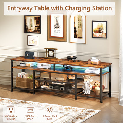 Furologee 63" Long Entryway Console Table with Power Outlets and LED Lights, Sofa Table with Open Shelves, for 60 65 70 Inch TVs, for Hallway, Entrance, Living Room, Rustic Brown