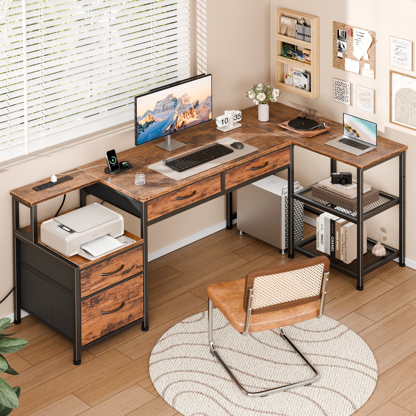 Furologee L Shaped Office Desk with Power Outlets, 65 Inch Home Office Desk with 3 Fabric Drawers & File Cabinet, Reversible Corner Computer Desk with Printer Stand, for Work, Study, Rustic Brown