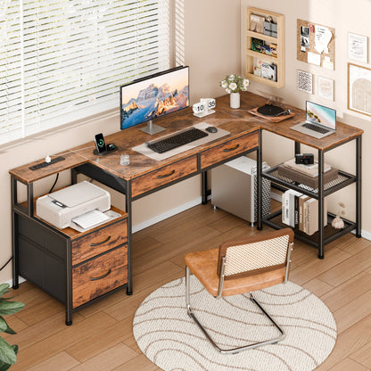 Furologee L Shaped Office Desk with Power Outlets, 65 Inch Home Office Desk with 3 Fabric Drawers & File Cabinet, Reversible Corner Computer Desk with Printer Stand, for Work, Study, Rustic Brown
