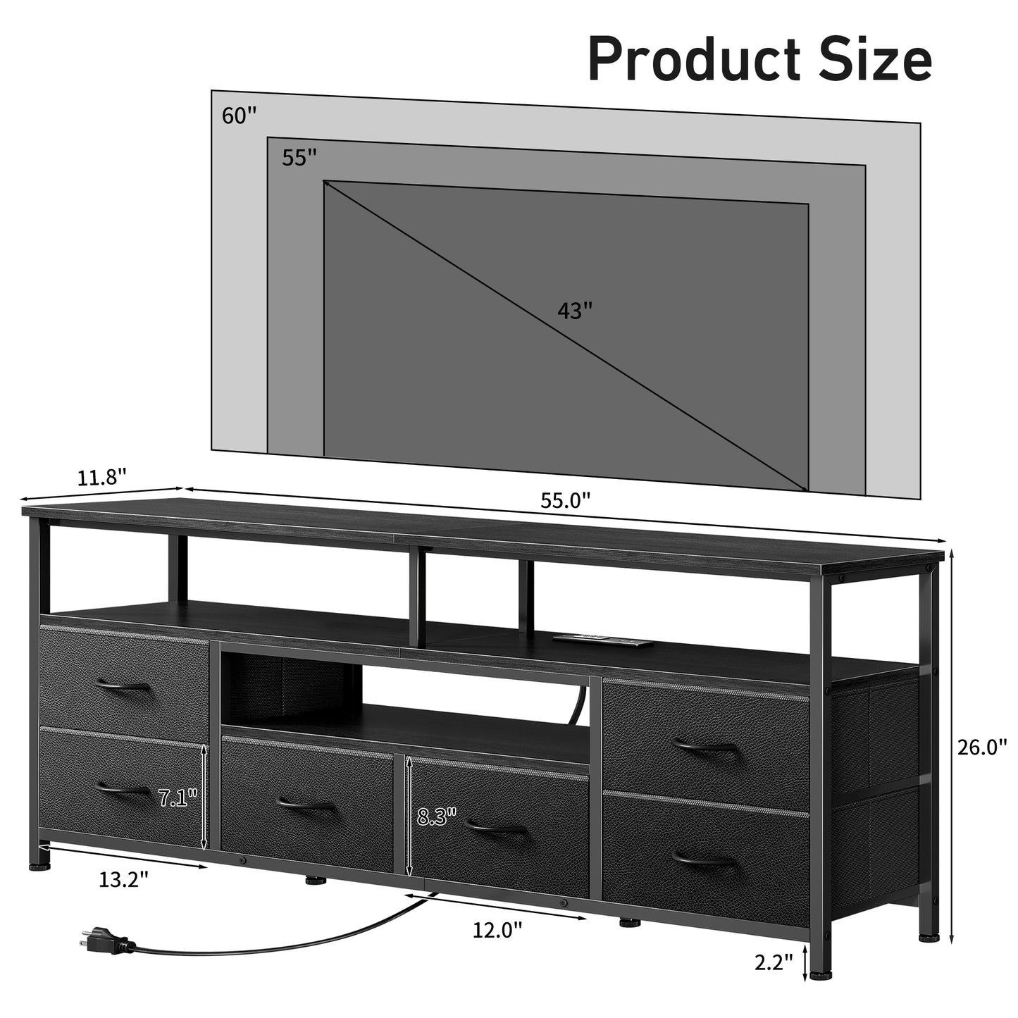 Furologee 55 Inch Dresser TV Stand with Power Outlets & LED Lights, Black
Entertainment Center, 6 Fabric Drawers, Open Storage Shelves, for 55/60 inch TVs, TV Stands for Living Room, Bedroom