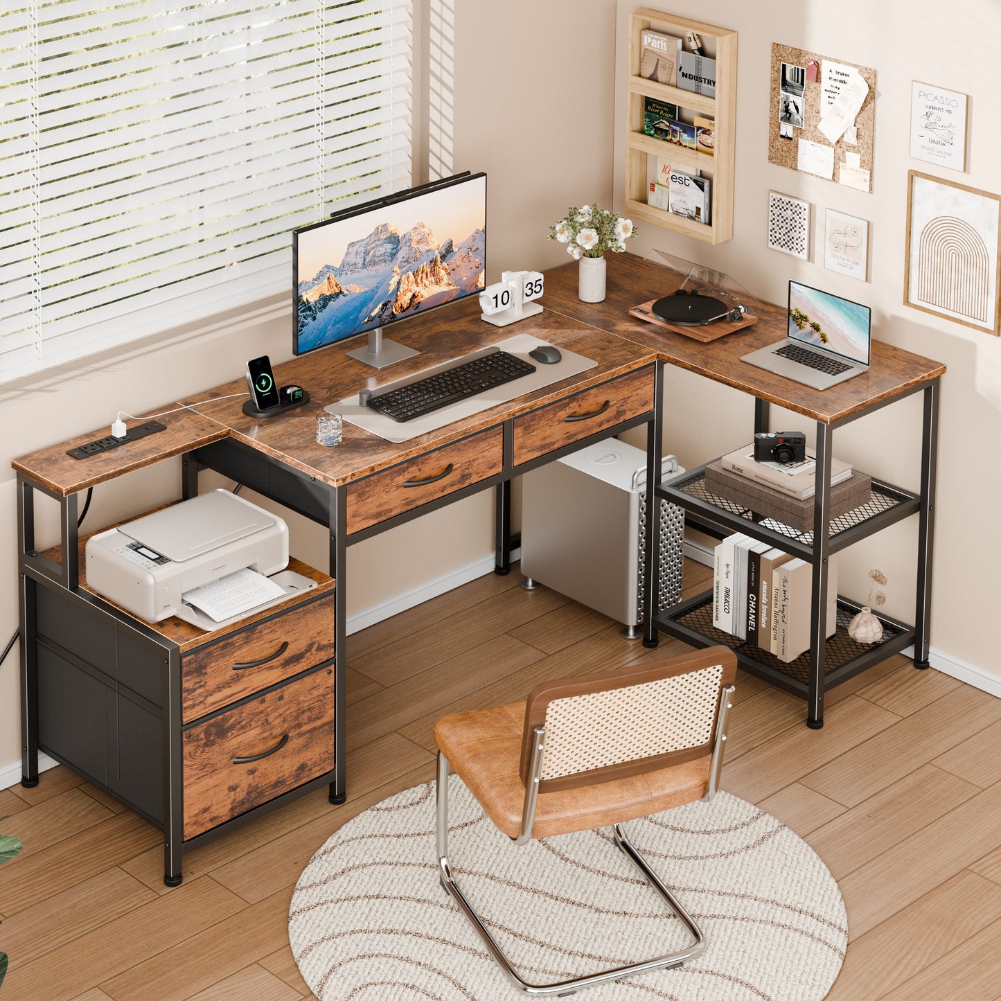 Furologee 57'' L Shaped Office Desk with Power Outlets, Home Office Desk with 3 Fabric Drawers & File Cabinet, Reversible Corner Computer Desk with Printer Stand, for Work, Study, Rustic Brown