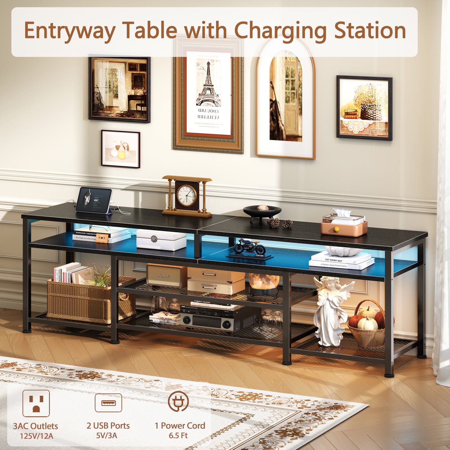 Furologee 71" Long Entryway Console Table with Power Outlets and LED Lights, Sofa Table with Open Shelves, for 65 75 80 Inch TVs, for Hallway, Entrance, Living Room, Black