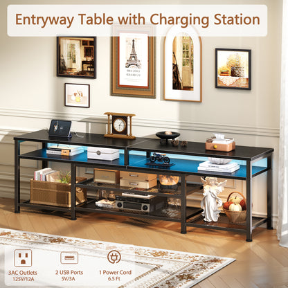 Furologee 71" Long Entryway Console Table with Power Outlets and LED Lights, Sofa Table with Open Shelves, for 65 75 80 Inch TVs, for Hallway, Entrance, Living Room, Black