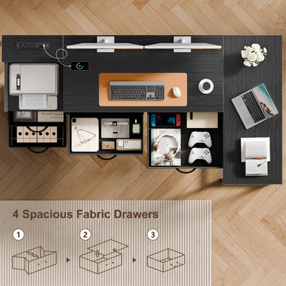 Furologee L Shaped Office Desk with Power Outlets, 65 Inch Home Office Desk with 3 Fabric Drawers & File Cabinet, Reversible Corner Computer Desk with Printer Stand, for Work, Study, Black