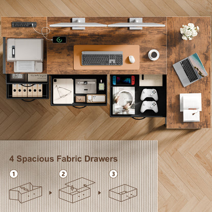 Furologee L Shaped Office Desk with Power Outlets, 65 Inch Home Office Desk with 3 Fabric Drawers & File Cabinet, Reversible Corner Computer Desk with Printer Stand, for Work, Study, Rustic Brown
