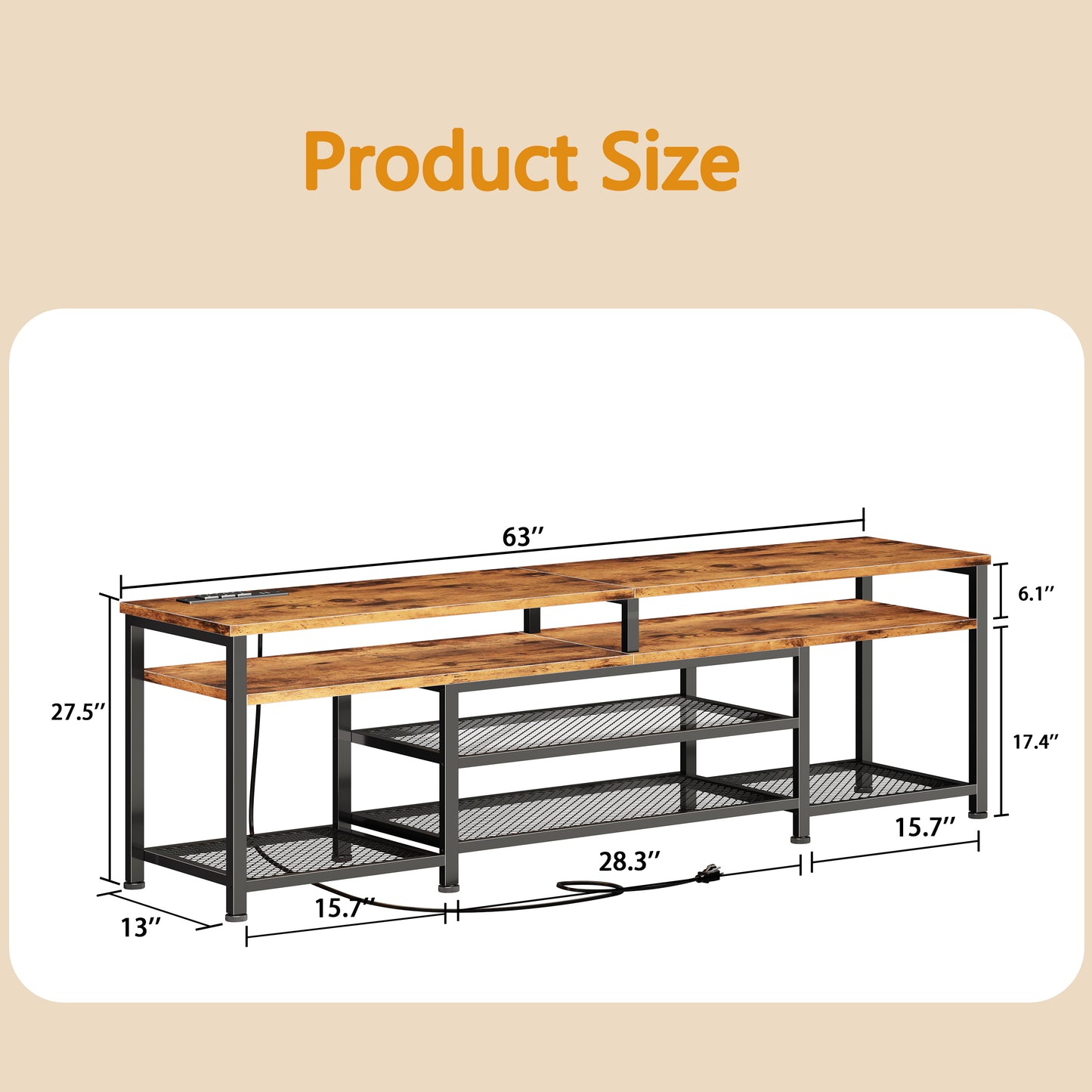 Furologee 63" Long Entryway Console Table with Power Outlets and LED Lights, Sofa Table with Open Shelves, for 60 65 70 Inch TVs, for Hallway, Entrance, Living Room, Rustic Brown
