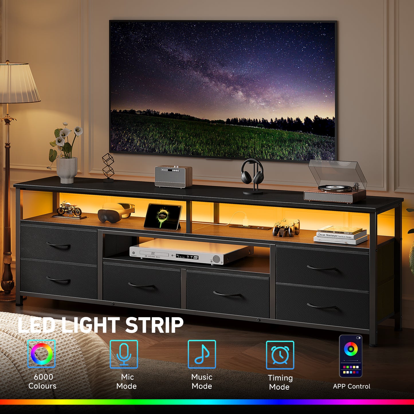 Furologee 63 Inch TV Stand with 6 Drawers, Entertainment Center with Power Outlets and LED Lights, for 65/70 inch TVs, Media Console Table with Open Storage Shelves, for Living Room, Bedroom, Black