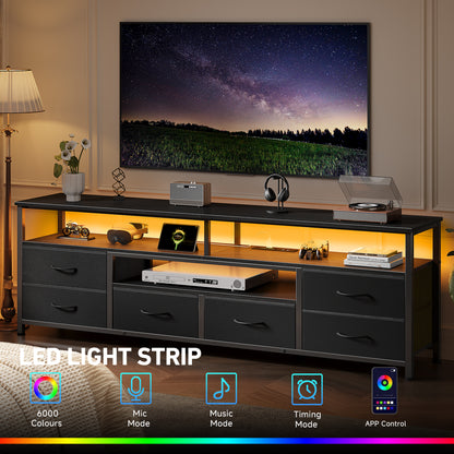 Furologee 63 Inch TV Stand with 6 Drawers, Entertainment Center with Power Outlets and LED Lights, for 65/70 inch TVs, Media Console Table with Open Storage Shelves, for Living Room, Bedroom, Black