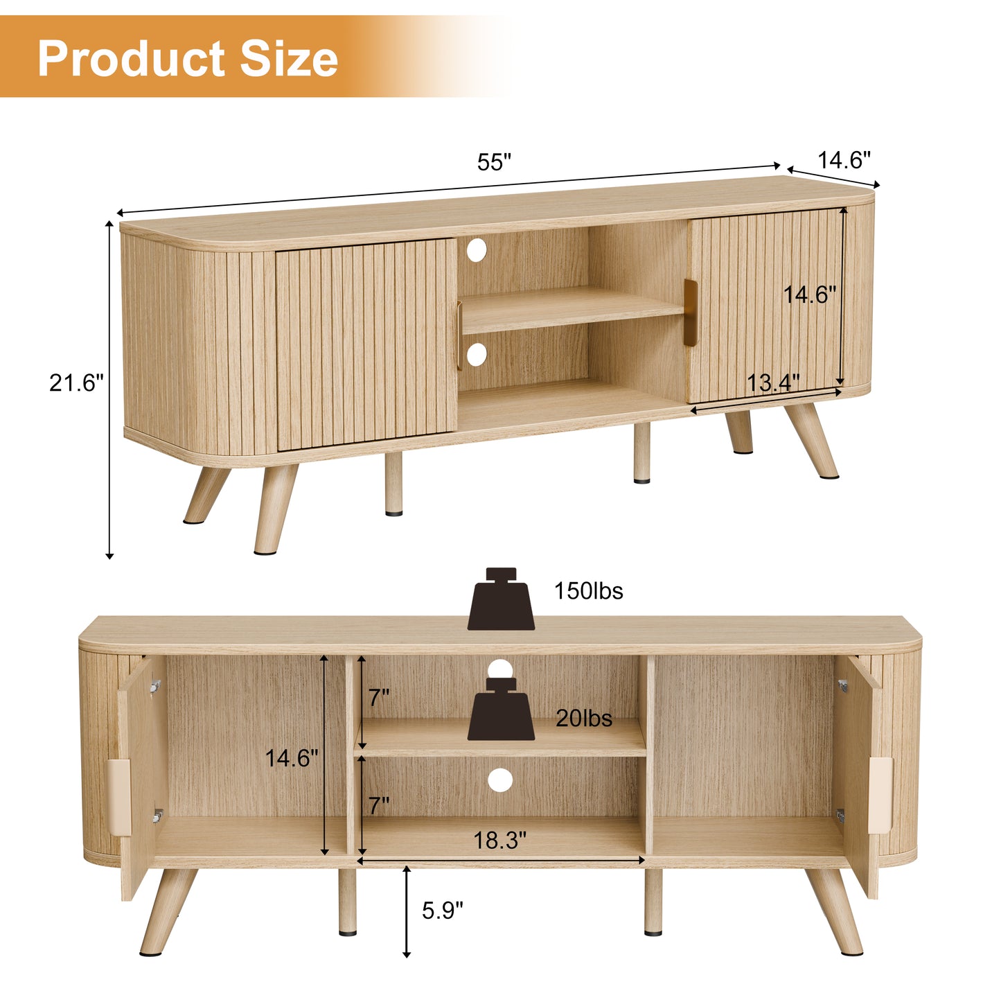 Furologee 55'' TV Stand for 60 Inch TV, Fluted Entertainment Center, Oak