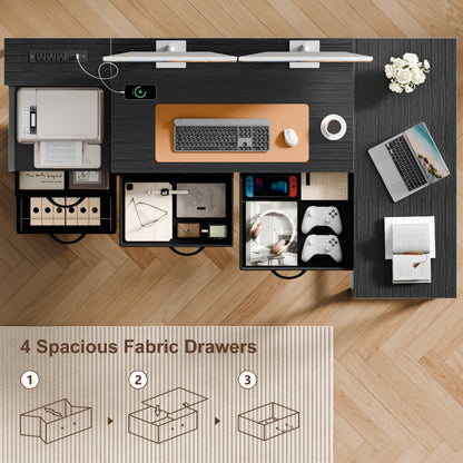 Furologee L Shaped Office Desk with Power Outlets, 57 Inch Home Office Desk with 3 Fabric Drawers & File Cabinet, Reversible Corner Computer Desk with Printer Stand, for Work, Study, Black