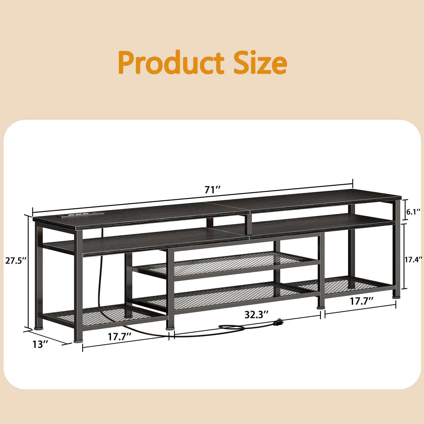 Furologee 71" Long Entryway Console Table with Power Outlets and LED Lights, Sofa Table with Open Shelves, for 65 75 80 Inch TVs, for Hallway, Entrance, Living Room, Black