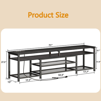 Furologee 71" Long Entryway Console Table with Power Outlets and LED Lights, Sofa Table with Open Shelves, for 65 75 80 Inch TVs, for Hallway, Entrance, Living Room, Black