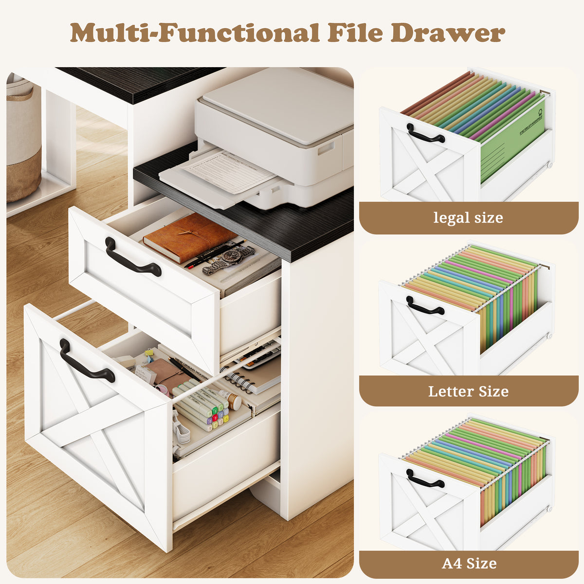 Furologee 63" Farmhouse Computer Desk with Drawers for Home Office Desk with Storage, Executive Desk with Power Outlets, Printer Shelf, Monitor Stand,Black and White