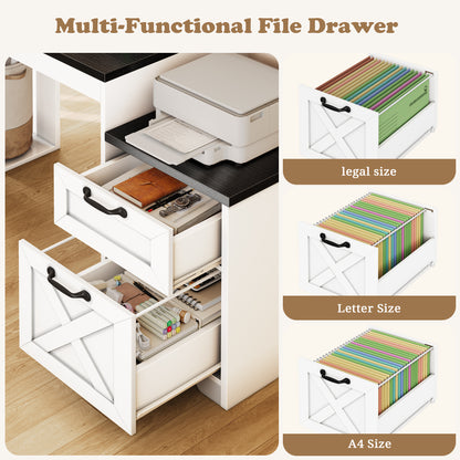 Furologee 63" Farmhouse Computer Desk with Drawers for Home Office Desk with Storage, Executive Desk with Power Outlets, Printer Shelf, Monitor Stand,Black and White