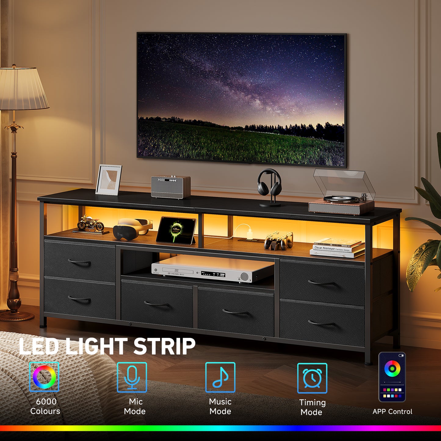 Furologee 55 Inch Dresser TV Stand with Power Outlets & LED Lights, Black
Entertainment Center, 6 Fabric Drawers, Open Storage Shelves, for 55/60 inch TVs, TV Stands for Living Room, Bedroom