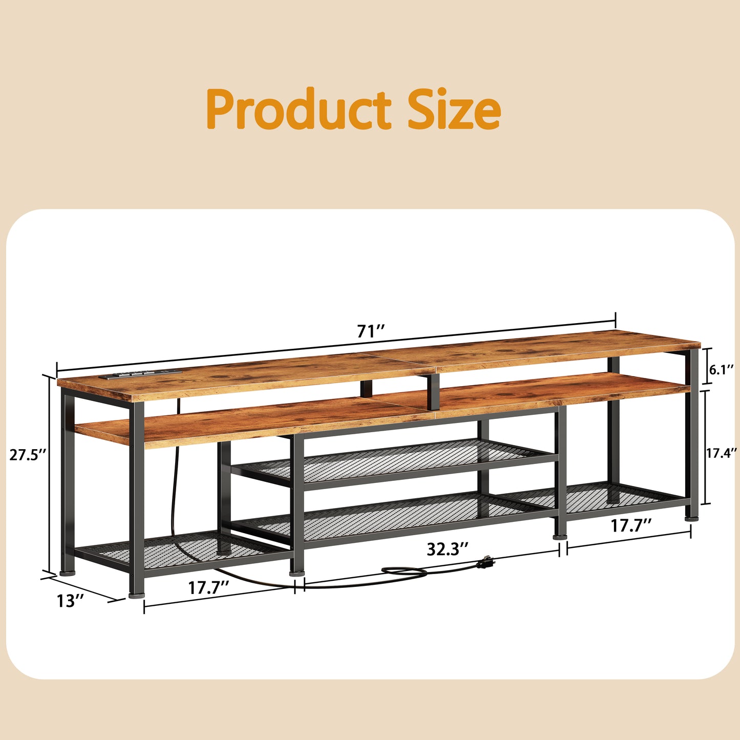 Furologee 71" Long Entryway Console Table with Power Outlets and LED Lights, Sofa Table with Open Shelves, for 65 75 80 Inch TVs, for Hallway, Entrance, Living Room, Rustic Brown