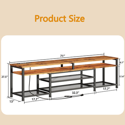Furologee 71" Long Entryway Console Table with Power Outlets and LED Lights, Sofa Table with Open Shelves, for 65 75 80 Inch TVs, for Hallway, Entrance, Living Room, Rustic Brown