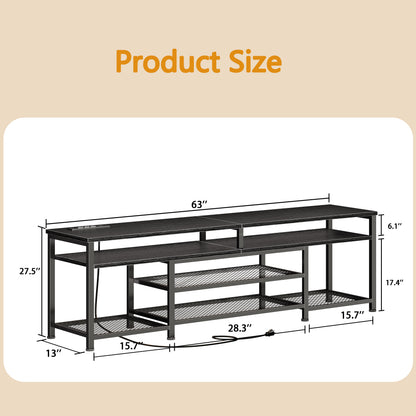Furologee 63" Long Entryway Console Table with Power Outlets and LED Lights, Sofa Table with Open Shelves, for 60 65 70 Inch TVs, for Hallway, Entrance, Living Room, Black