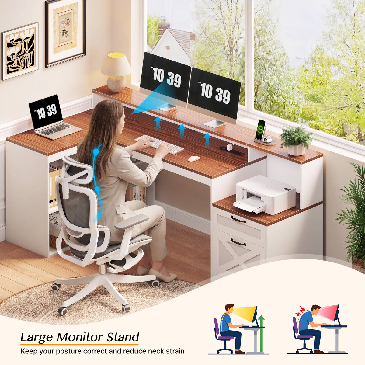 Furologee 59" Farmhouse L Shaped Desk with Printer Shelf, Storage Cabinet, Computer Desk with Power Outlets, Home Office Workstation with Wooden Drawers and Monitor Stand, Brown and White
