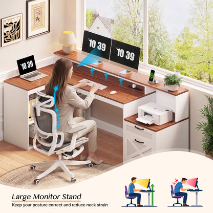 Furologee 59" Farmhouse L Shaped Desk with Printer Shelf, Storage Cabinet, Computer Desk with Power Outlets, Home Office Workstation with Wooden Drawers and Monitor Stand, Brown and White