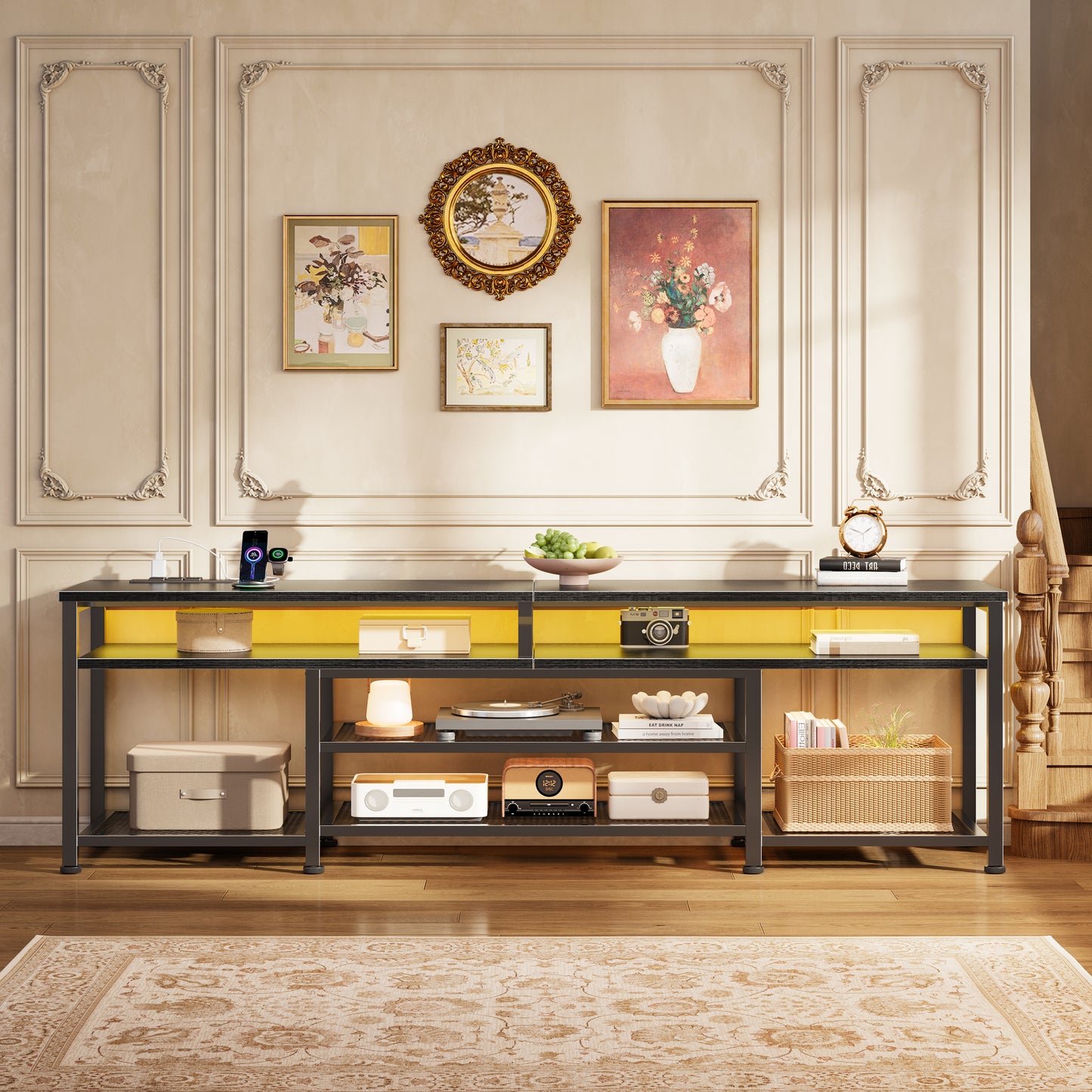 Furologee 71" Long Entryway Console Table with Power Outlets and LED Lights, Sofa Table with Open Shelves, for 65 75 80 Inch TVs, for Hallway, Entrance, Living Room, Black
