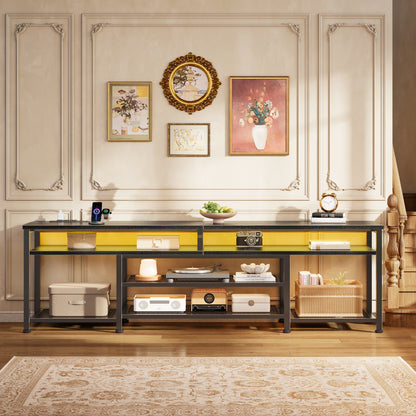 Furologee 71" Long Entryway Console Table with Power Outlets and LED Lights, Sofa Table with Open Shelves, for 65 75 80 Inch TVs, for Hallway, Entrance, Living Room, Black