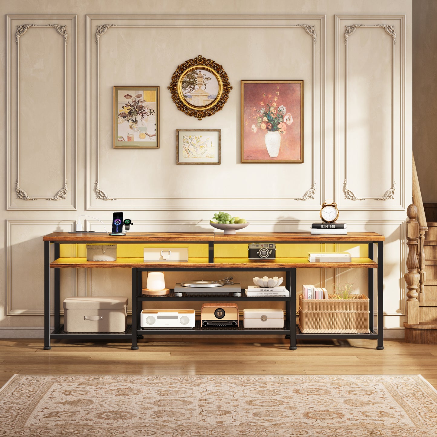 Furologee 63" Long Entryway Console Table with Power Outlets and LED Lights, Sofa Table with Open Shelves, for 60 65 70 Inch TVs, for Hallway, Entrance, Living Room, Rustic Brown