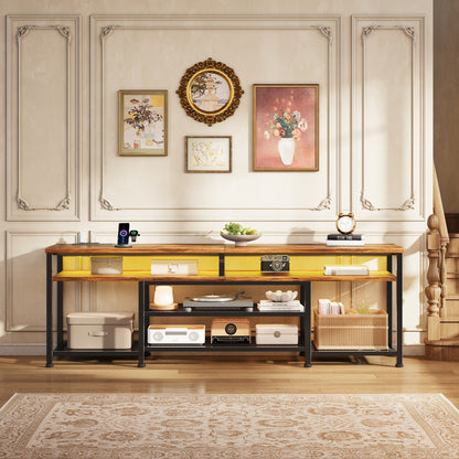 Furologee 63" Long Entryway Console Table with Power Outlets and LED Lights, Sofa Table with Open Shelves, for 60 65 70 Inch TVs, for Hallway, Entrance, Living Room, Rustic Brown