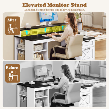Furologee 63" Farmhouse Computer Desk with Drawers for Home Office Desk with Storage, Executive Desk with Power Outlets, Printer Shelf, Monitor Stand,Black and White