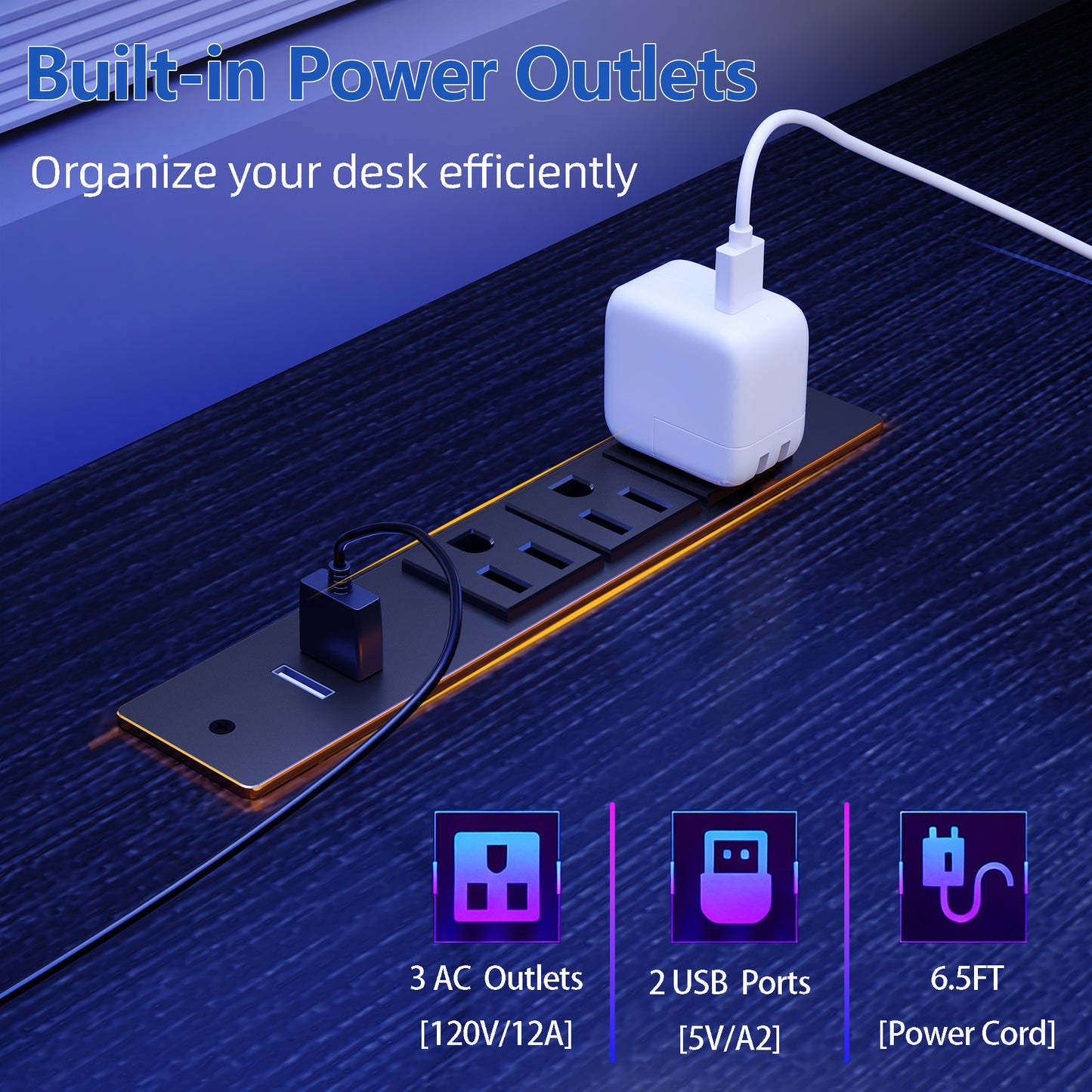 Furologee 61 Inch Gaming Desk with Power Outlets and LED Lights, Computer Desk with Storage Shelves & Drawers & Monitor Stand, Reversible Gaming Table for Bedroom, Home Office, Black