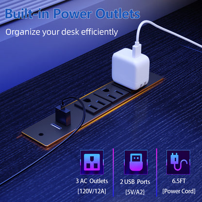 Furologee 61 Inch Gaming Desk with Power Outlets and LED Lights, Computer Desk with Storage Shelves & Drawers & Monitor Stand, Reversible Gaming Table for Bedroom, Home Office, Black
