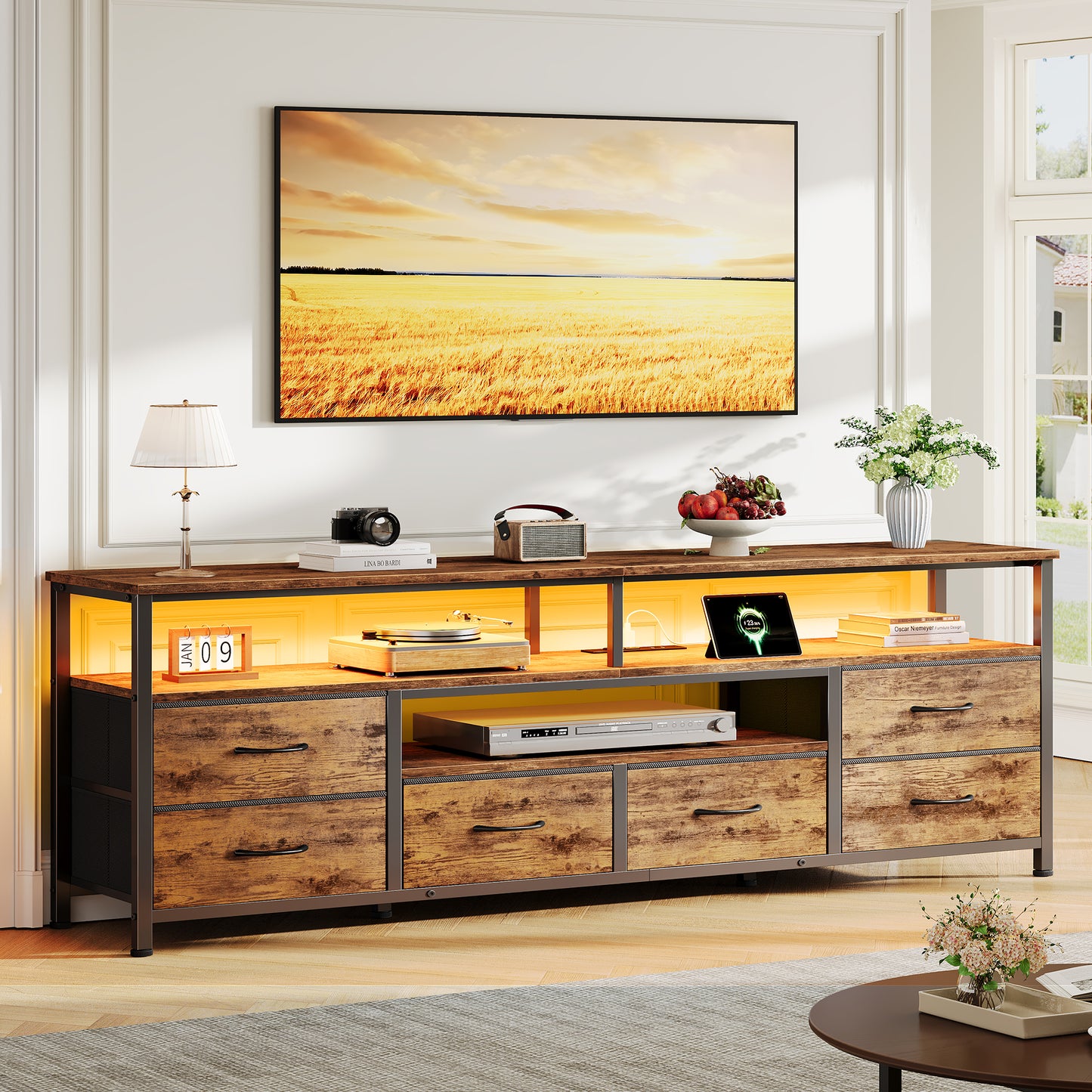 Furologee 63" LED TV Stand, Entertainment Center w/ Power Outlets, Rustic Brown
Entertainment Center, 6 Fabric Drawers, Open Storage Shelves, for 65/70 inch TVs, TV Stands for Living Room, Bedroom
