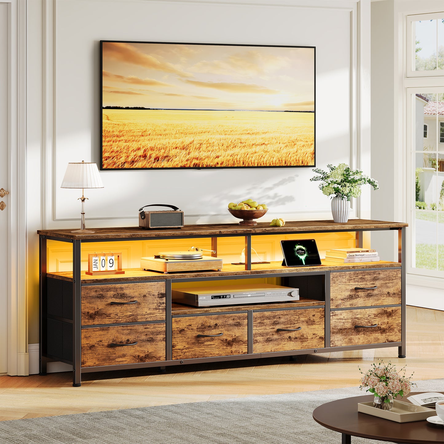 Furologee 55 Inch Dresser TV Stand with Power Outlets & LED Lights, Rustic Brown
Entertainment Center, 6 Fabric Drawers, Open Storage Shelves, for 55/60 inch TVs, TV Stands for Living Room, Bedroom
