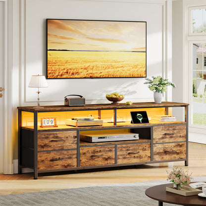 Furologee 55 Inch Dresser TV Stand with Power Outlets & LED Lights, Rustic Brown
Entertainment Center, 6 Fabric Drawers, Open Storage Shelves, for 55/60 inch TVs, TV Stands for Living Room, Bedroom