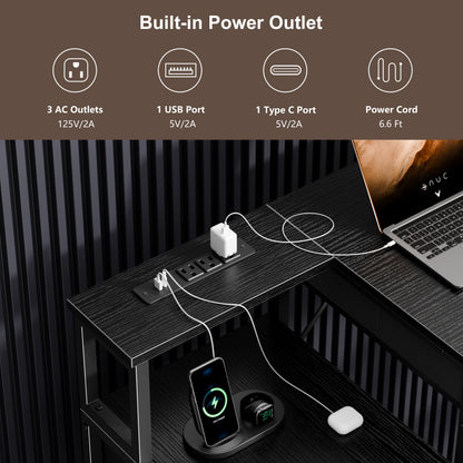 Furologee L Shaped Office Desk with Power Outlets, 57 Inch Home Office Desk with 3 Fabric Drawers & File Cabinet, Reversible Corner Computer Desk with Printer Stand, for Work, Study, Black