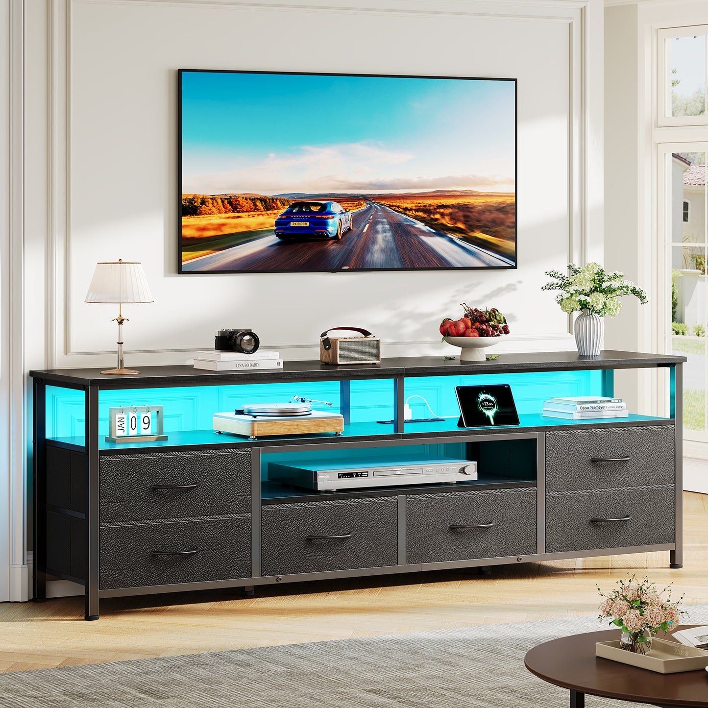 Furologee 63 Inch TV Stand with 6 Drawers, Entertainment Center with Power Outlets and LED Lights, for 65/70 inch TVs, Media Console Table with Open Storage Shelves, for Living Room, Bedroom, Black