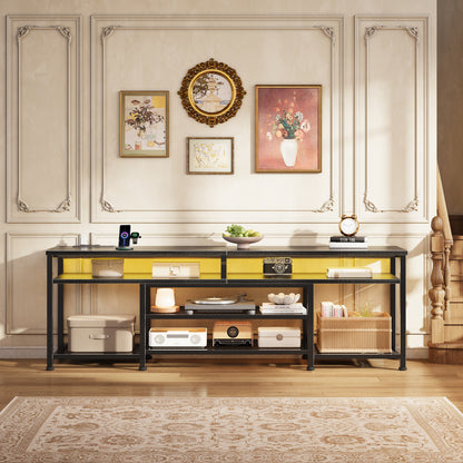 Furologee 63" Long Entryway Console Table with Power Outlets and LED Lights, Sofa Table with Open Shelves, for 60 65 70 Inch TVs, for Hallway, Entrance, Living Room, Black