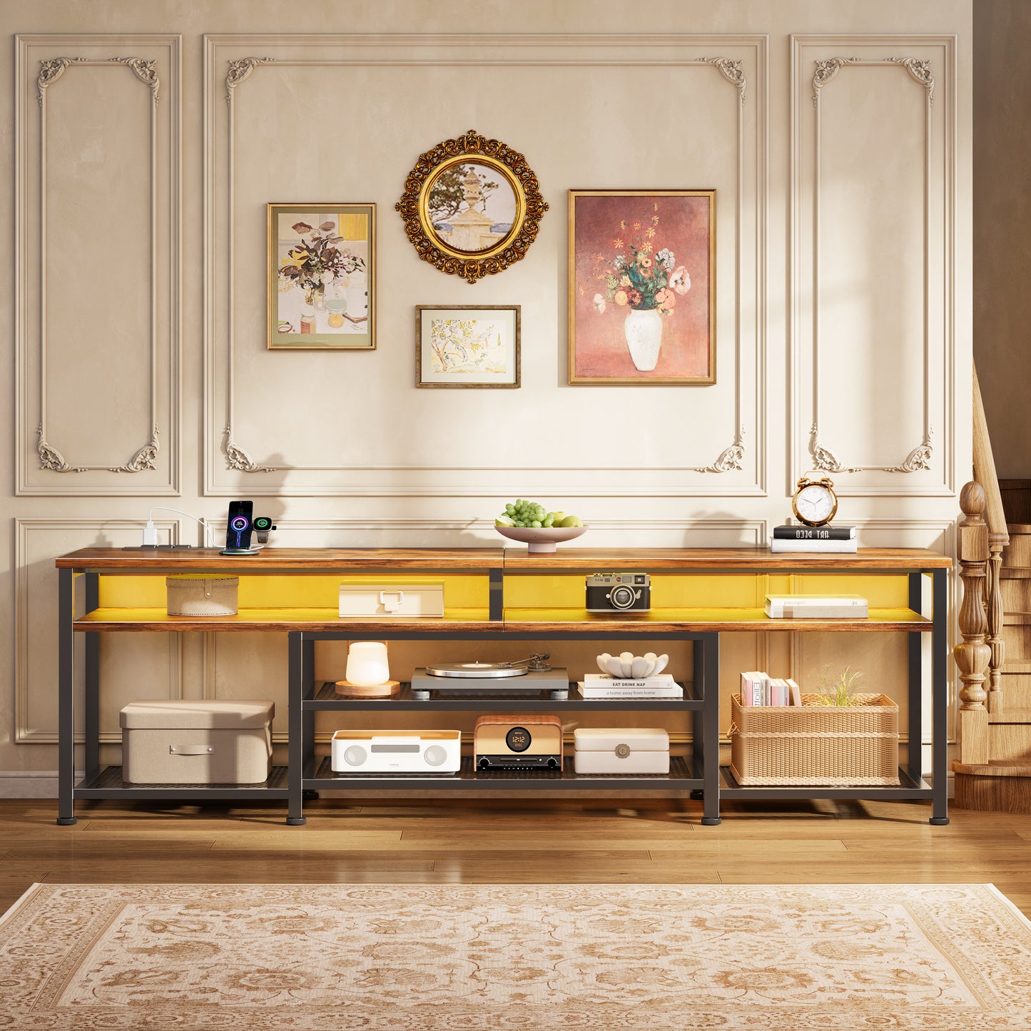Furologee 71" Long Entryway Console Table with Power Outlets and LED Lights, Sofa Table with Open Shelves, for 65 75 80 Inch TVs, for Hallway, Entrance, Living Room, Rustic Brown