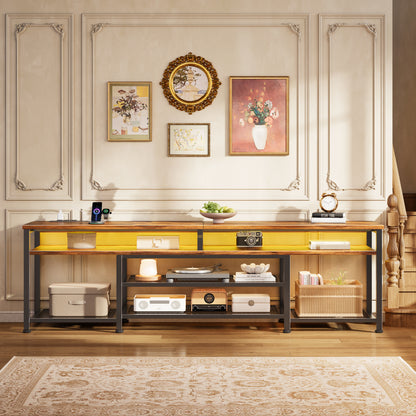 Furologee 71" Long Entryway Console Table with Power Outlets and LED Lights, Sofa Table with Open Shelves, for 65 75 80 Inch TVs, for Hallway, Entrance, Living Room, Rustic Brown