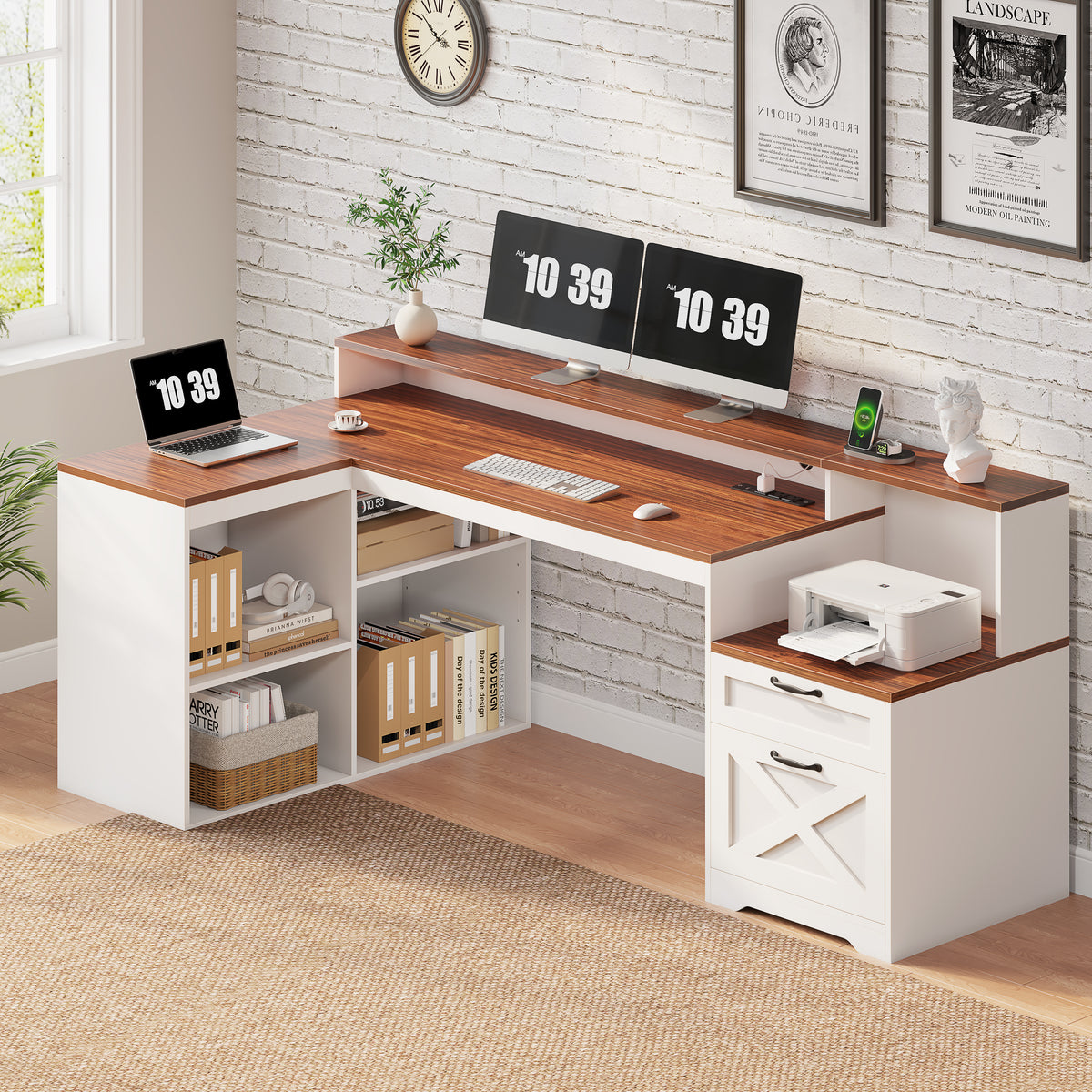 Furologee 59" Farmhouse L Shaped Desk with Printer Shelf, Storage Cabinet, Computer Desk with Power Outlets, Home Office Workstation with Wooden Drawers and Monitor Stand, Brown and White