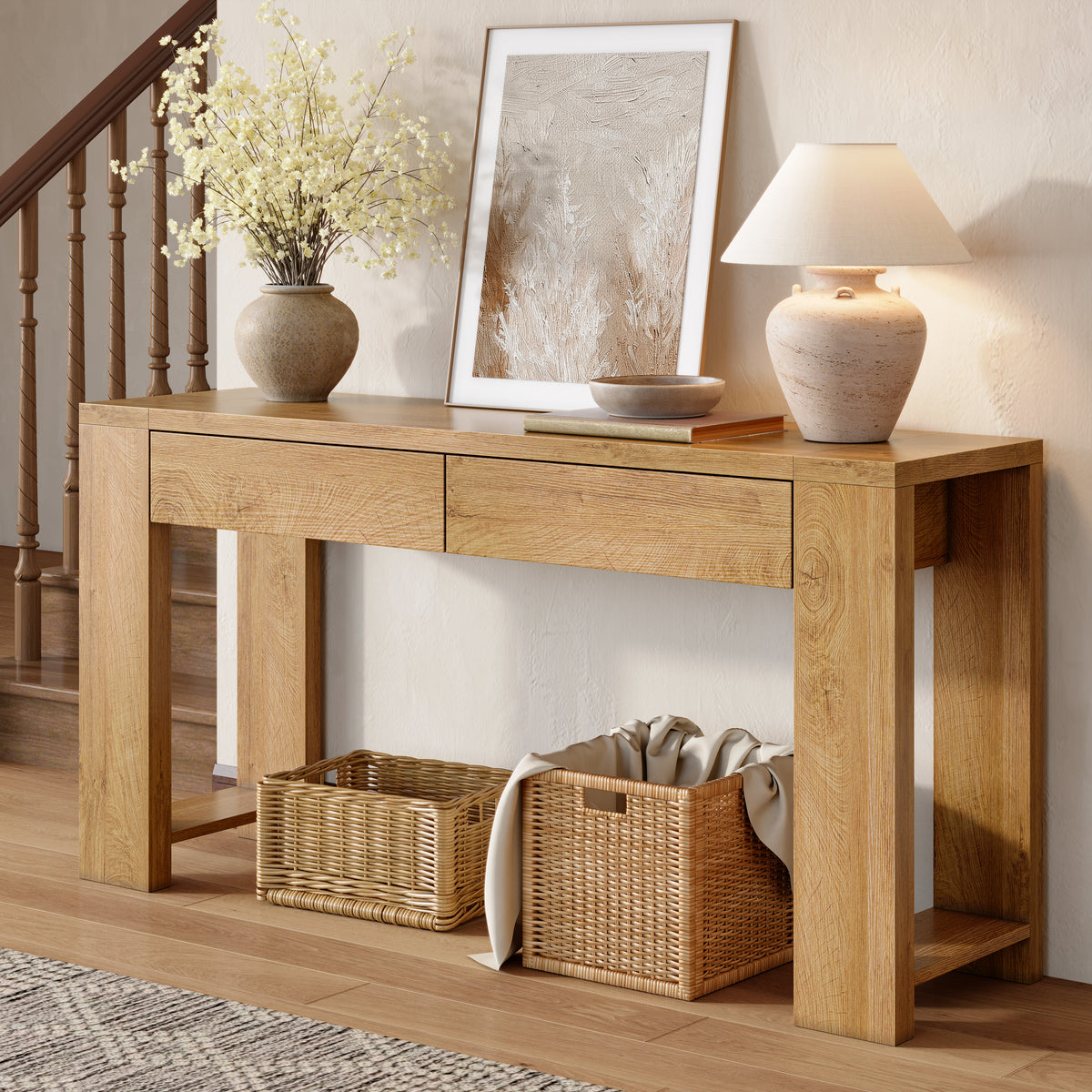 Furologee 60" Entryway Table, Farmhouse Console Table with Wooden 2 Drawer
Long Entry Table with Thick Tabletop, Sofa Table for Behind Couch, for Hallway/Entrance/Foyer/Living Room/Bedroom(Natural)