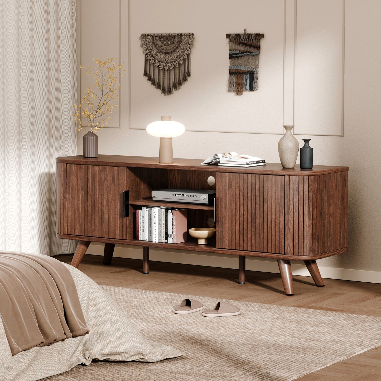 Furologee 55'' TV Stand for 60 Inch TV, Fluted Entertainment Center, Walnut