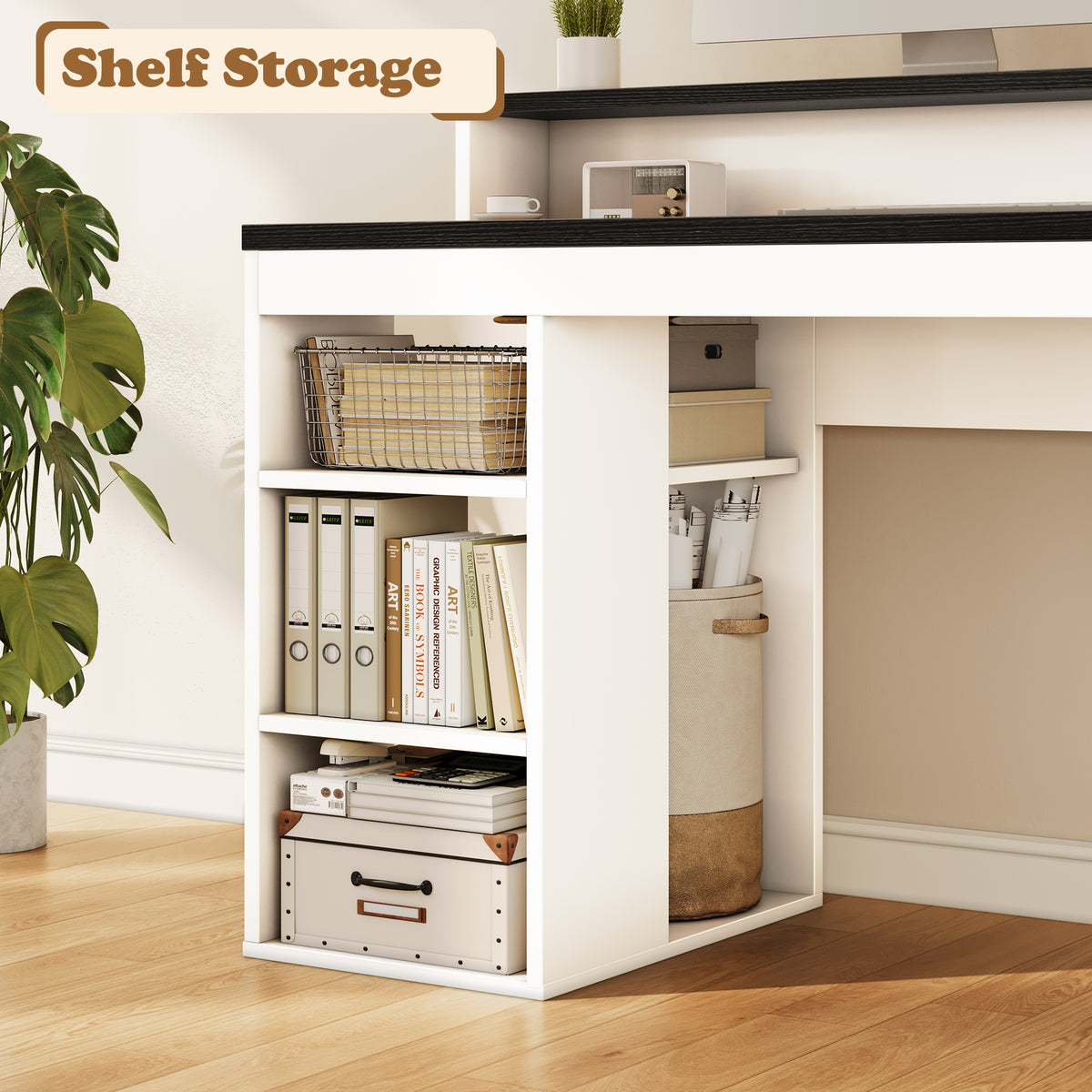 Furologee 63" Farmhouse Computer Desk with Drawers for Home Office Desk with Storage, Executive Desk with Power Outlets, Printer Shelf, Monitor Stand,Black and White