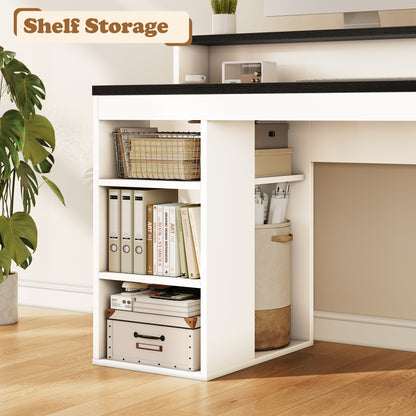 Furologee 63" Farmhouse Computer Desk with Drawers for Home Office Desk with Storage, Executive Desk with Power Outlets, Printer Shelf, Monitor Stand,Black and White