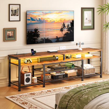 Furologee 71" Long Entryway Console Table with Power Outlets and LED Lights, Sofa Table with Open Shelves, for 65 75 80 Inch TVs, for Hallway, Entrance, Living Room, Rustic Brown