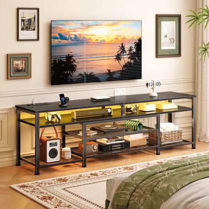Furologee 71" Long Entryway Console Table with Power Outlets and LED Lights, Sofa Table with Open Shelves, for 65 75 80 Inch TVs, for Hallway, Entrance, Living Room, Black
